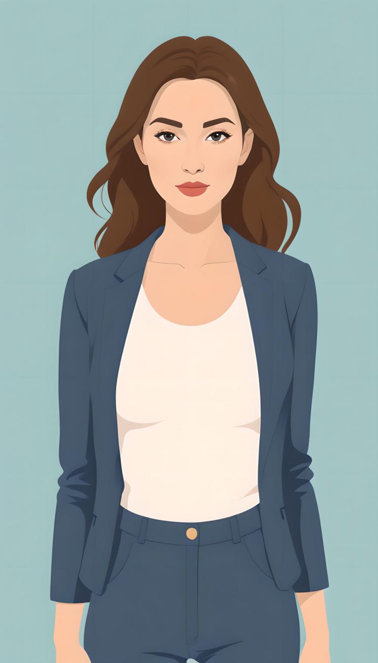 Illustration,Illustration, People, woman, 1girl, solo, brown hair, pants, jacket, long hair