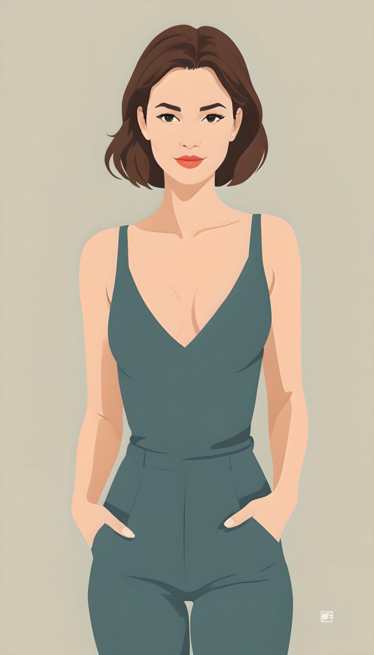 Illustration,Illustration, People, woman, 1girl, solo, brown hair, breasts, hands in pockets