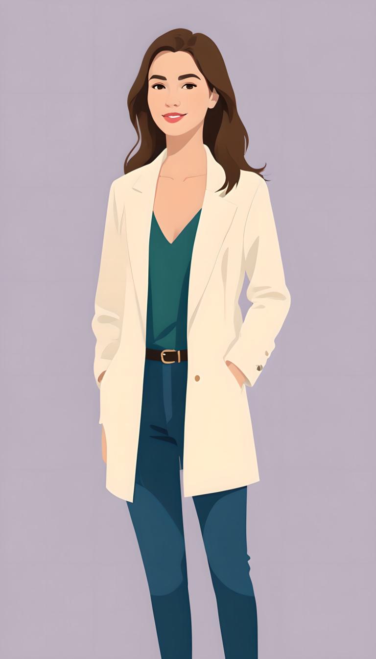 Illustration,Illustration, People, woman, 1girl, solo, brown hair, pants, belt, hands in pockets, long hair