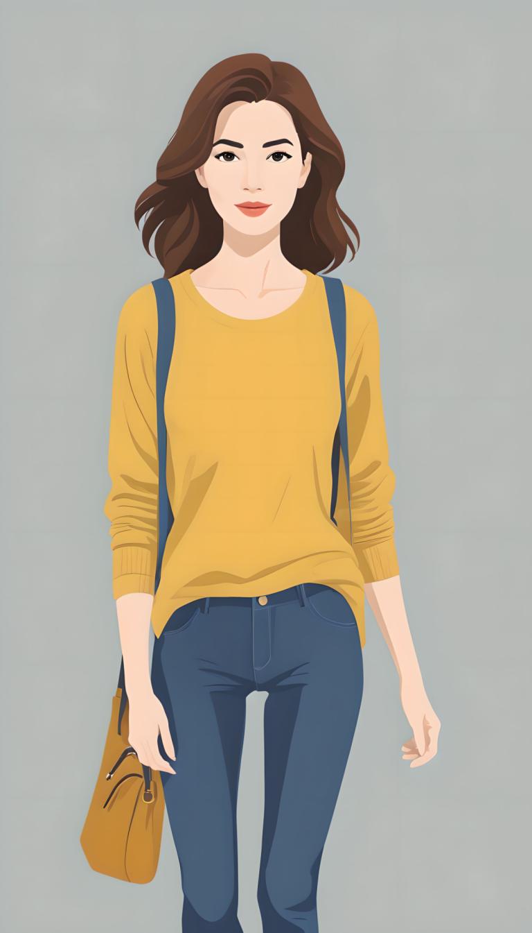 Illustration,Illustration, People, woman, 1girl, solo, brown hair, bag, pants, grey background, shirt, jeans