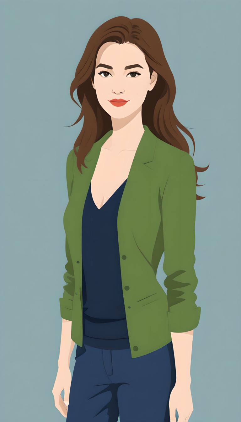 Illustration,Illustration, People, woman, 1girl, solo, brown hair, long hair, pants, jacket, lipstick, makeup