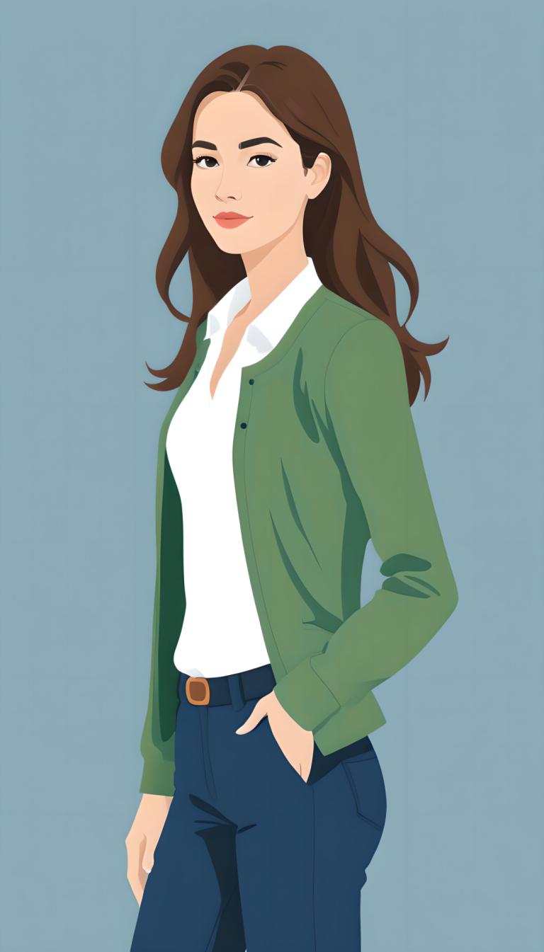 Illustration,Illustration, People, woman, 1girl, solo, brown hair, pants, long hair, jeans, denim, belt