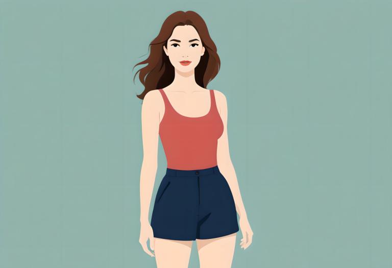 Illustration,Illustration, People, woman, 1girl, solo, brown hair, simple background, long hair, shorts