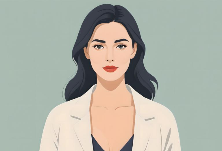 Remove Background, Illustration, People, woman, 1girl, solo, black hair, simple background, looking at viewer, long hair, cleavage, labcoat, red lips, breasts, upper body, makeup, collarbone, black eyes, lipstick, green background, lips