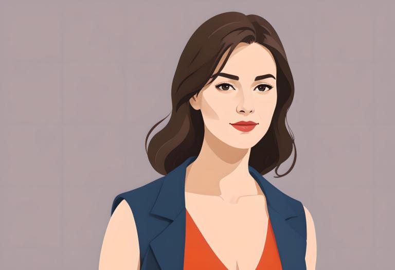 Remove Background, Illustration, People, woman, 1girl, solo, brown hair, brown eyes, grey background, simple background, looking at viewer, cleavage, upper body, collarbone, breasts, red lips, long hair, vest, smile, blue jacket, makeup, jacket, lipstick, shirt, sleeveless, closed mouth, lips