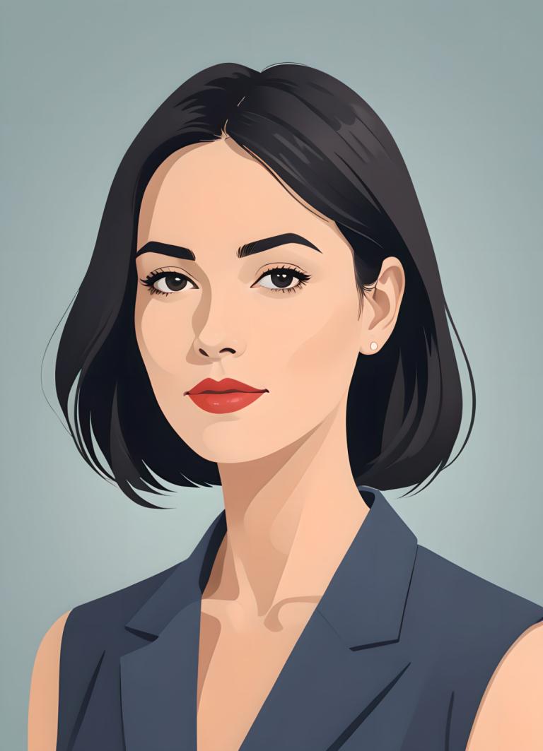 Illustration,Illustration, People, woman, 1girl, solo, earrings, black hair, jewelry, short hair, black eyes