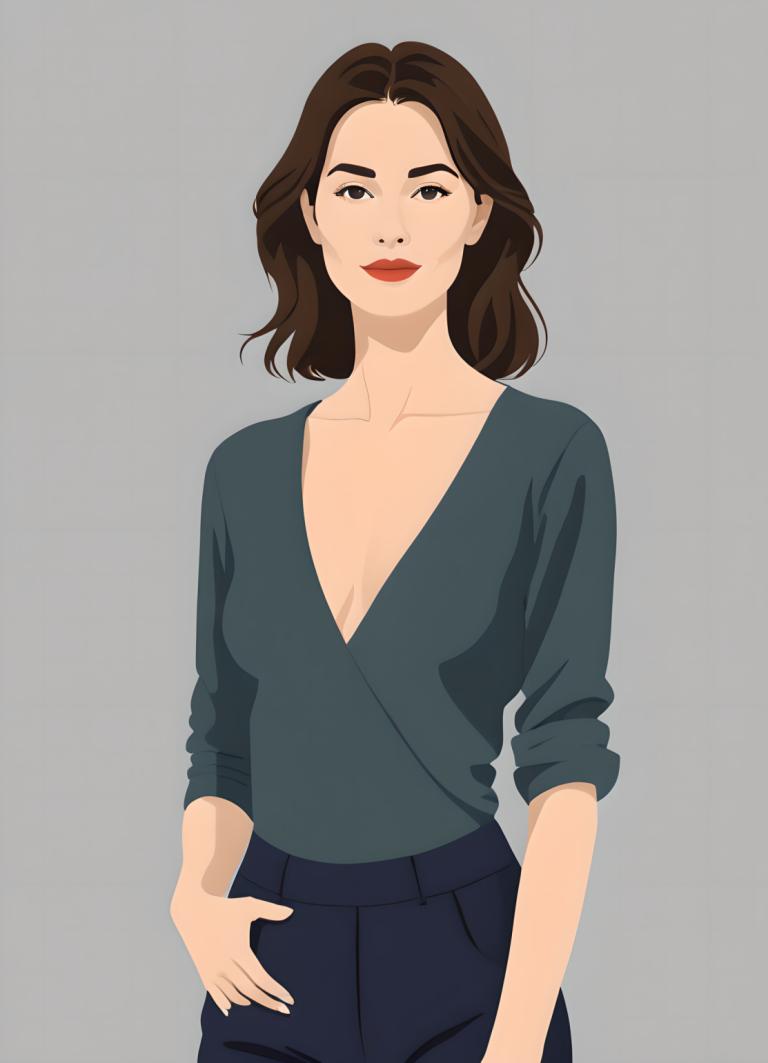 Rimuovi sfondo, Illustrazione, Persone, donna, 1 ragazza, assolo, capelli castani, pantaloni, sfondo grigio, seni, sfondo semplice, guardando lo spettatore, camicia, labbra rosse, clavicola, sorriso, rossetto, colpo da cowboy, pantaloni blu, occhi neri, trucco, occhi marroni, capelli medio