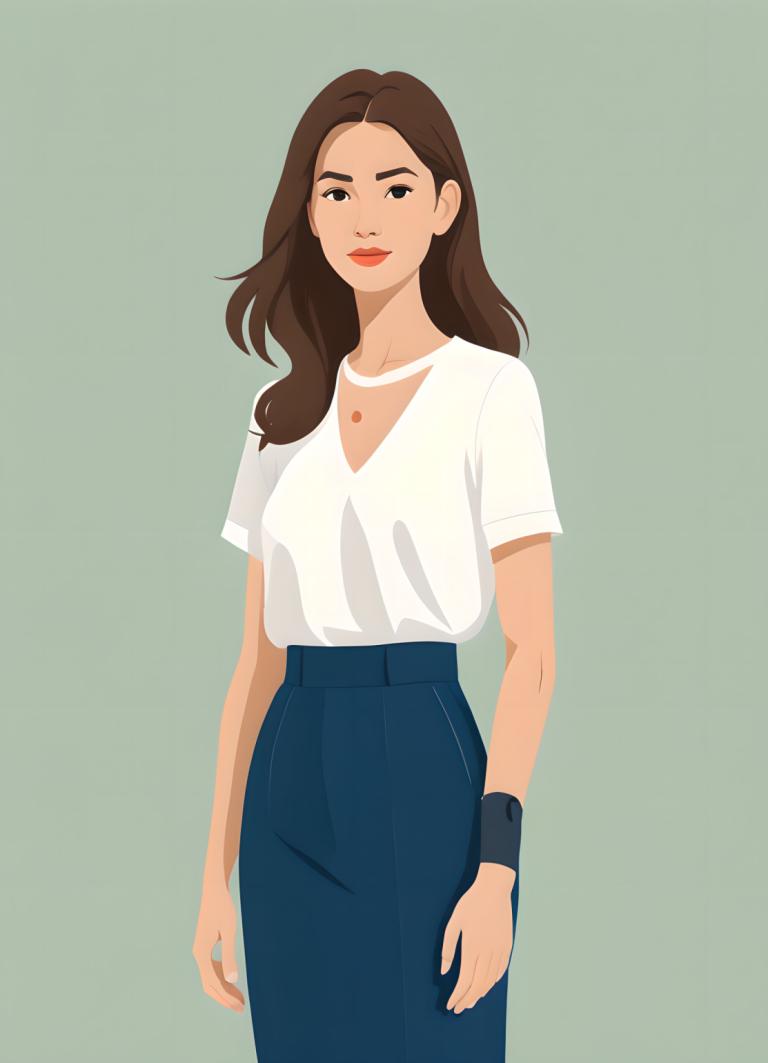 Illustration,Illustration, People, woman, 1girl, solo, brown hair, shirt, skirt, white shirt, long hair