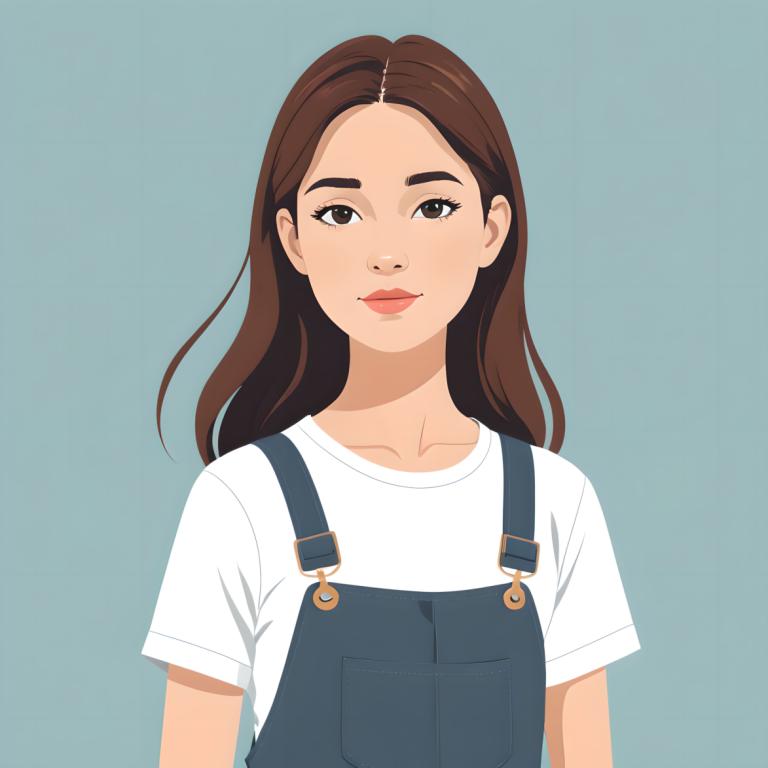 Illustration,Illustration, People, girl, 1girl, solo, brown hair, shirt, overalls, white shirt, brown eyes