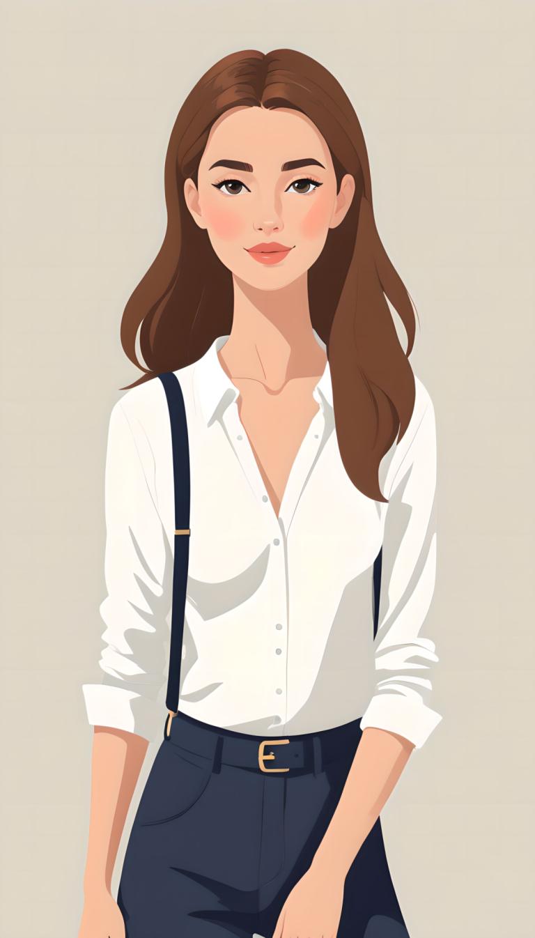 Illustration,Illustration, People, girl, 1girl, solo, brown hair, shirt, long hair, pants, brown eyes