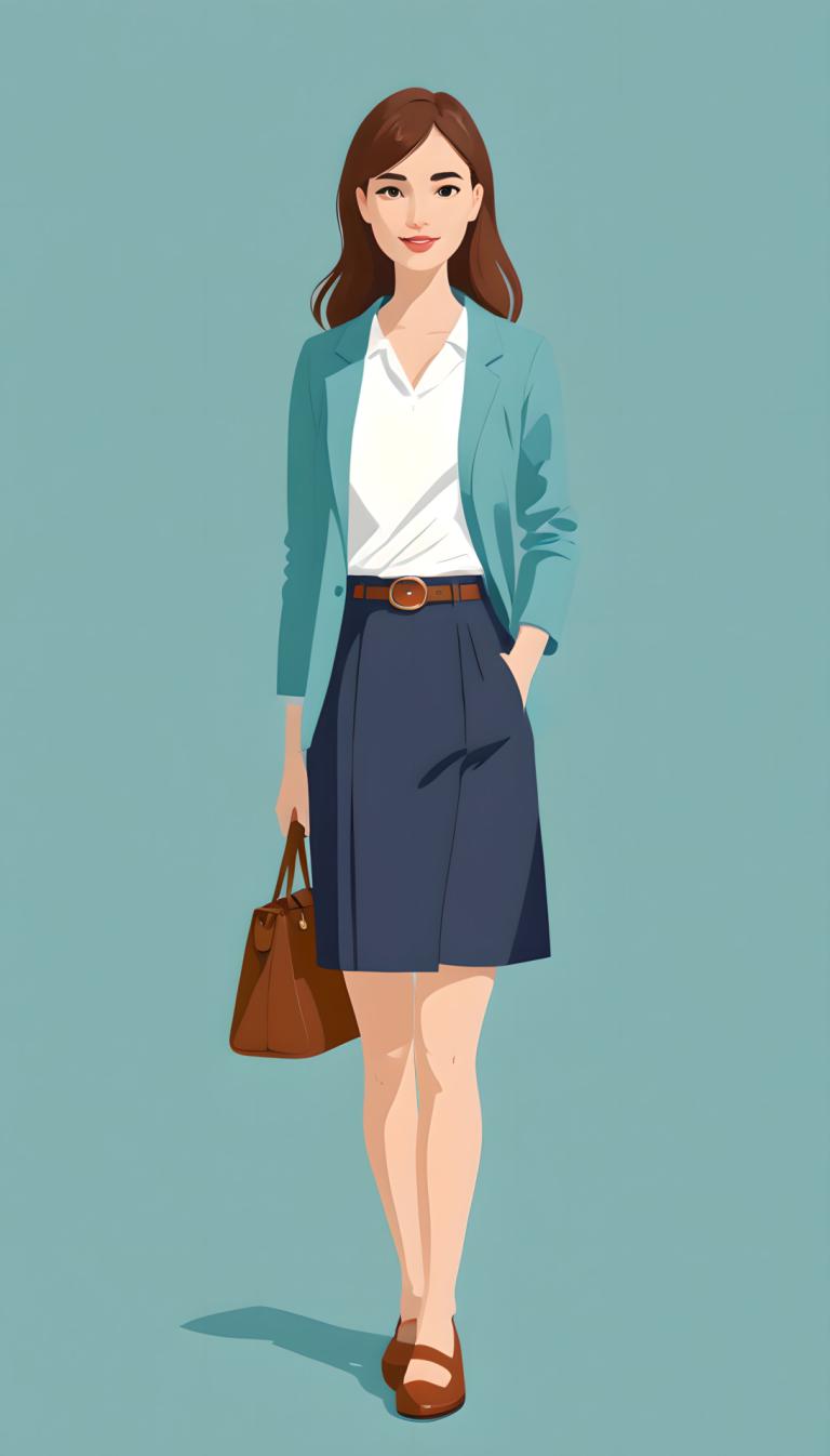 Illustration,Illustration, People, girl, 1girl, solo, brown hair, bag, skirt, shirt, white shirt