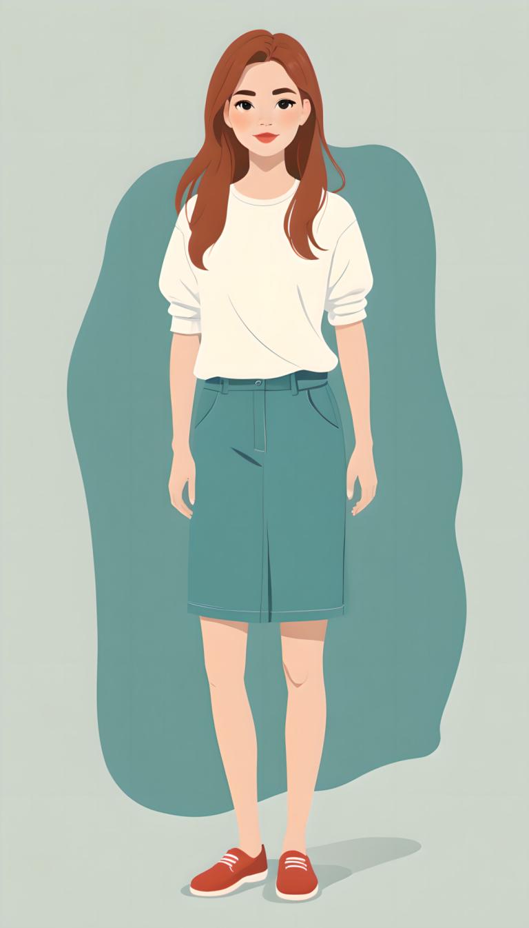 Illustration,Illustration, People, girl, 1girl, red footwear, solo, brown hair, shirt, shoes, long hair