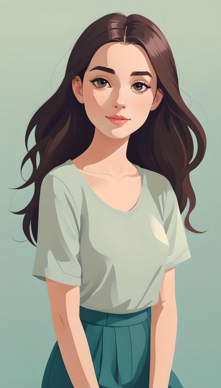 Illustration,Illustration, People, girl, 1girl, solo, brown hair, long hair, skirt, shirt, brown eyes