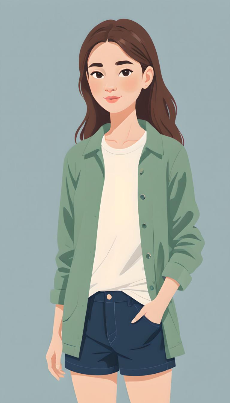 Illustration,Illustration, People, girl, 1girl, solo, brown hair, shorts, shirt, white shirt, long hair