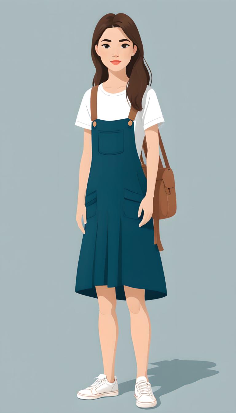 Illustration,Illustration, People, girl, 1girl, solo, brown hair, shirt, bag, shoes, white shirt, long hair