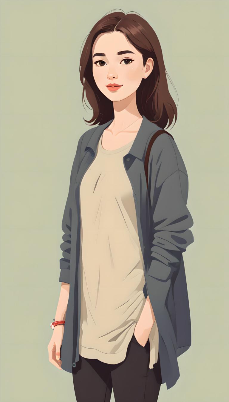 Illustration,Illustration, People, girl, 1girl, solo, brown hair, jewelry, hand in pocket, simple background