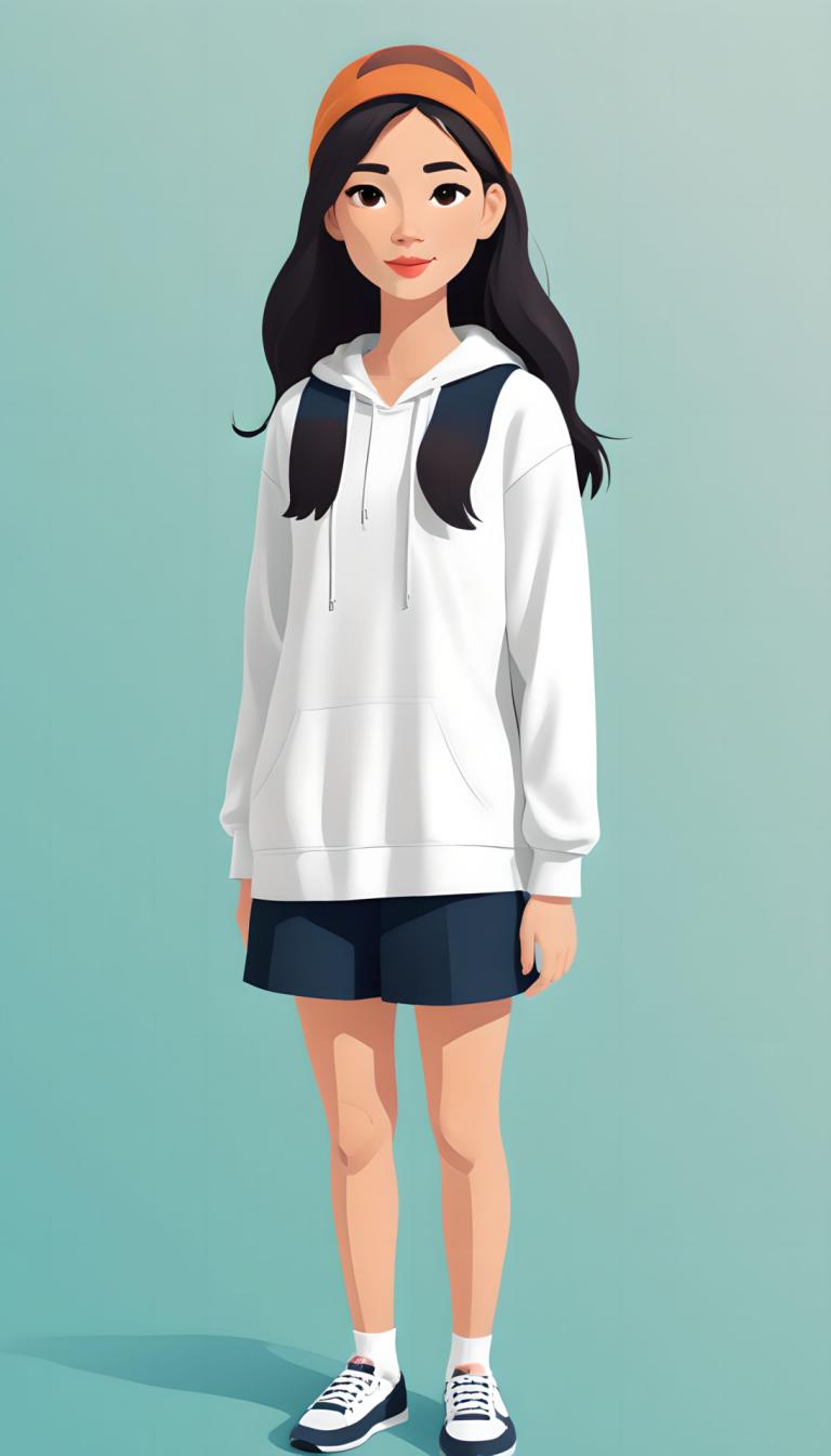 Illustration,Illustration, People, girl, 1girl, solo, long hair, hoodie, hood, hat, standing, black hair