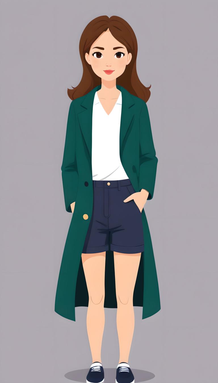 Illustration,Illustration, People, girl, 1girl, solo, brown hair, shorts, coat, brown eyes, shirt