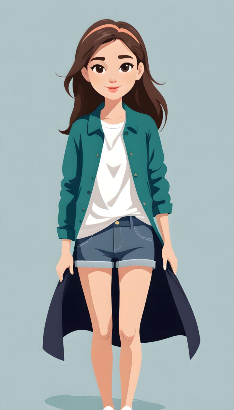 Illustration,Illustration, People, girl, 1girl, solo, brown hair, shorts, brown eyes, denim, long hair