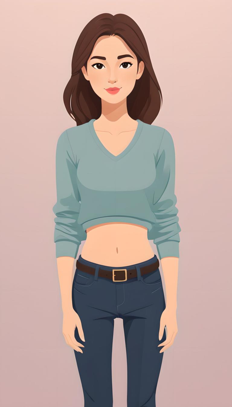 Illustration,Illustration, People, girl, 1girl, solo, brown hair, midriff, pants, navel, belt