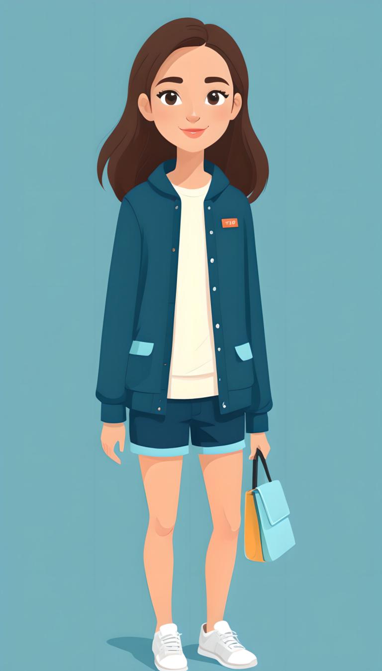 Illustration,Illustration, People, girl, 1girl, solo, brown hair, shorts, shoes, jacket, brown eyes