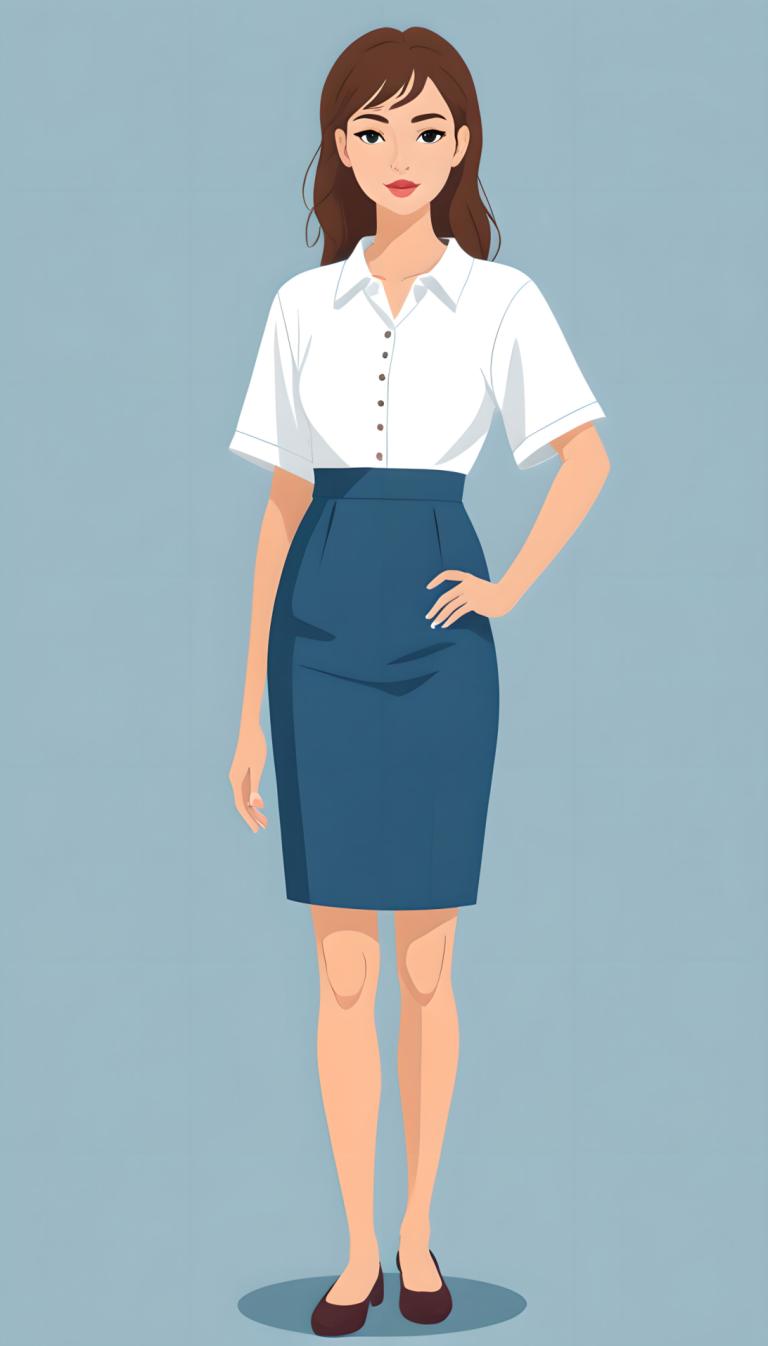 Illustration,Illustration, People, girl, 1girl, solo, skirt, brown hair, shirt, white shirt, hand on hip