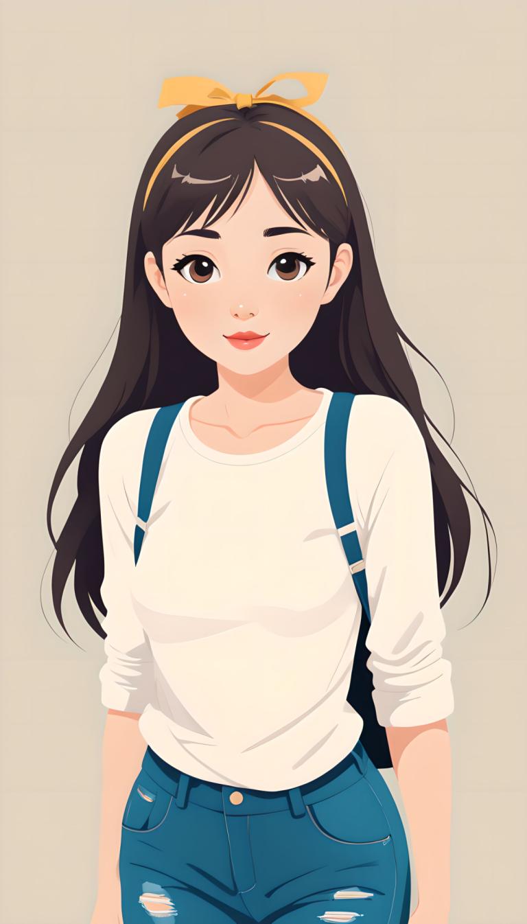 Remove Background, Illustration, People, girl, 1girl, solo, long hair, brown eyes, denim, pants, jeans, bag, torn clothes, looking at viewer, simple background, hairband, shirt, torn pants, backpack, brown hair, black hair, cowboy shot, lips, white shirt, smile, arms at sides, ribbon, torn jeans