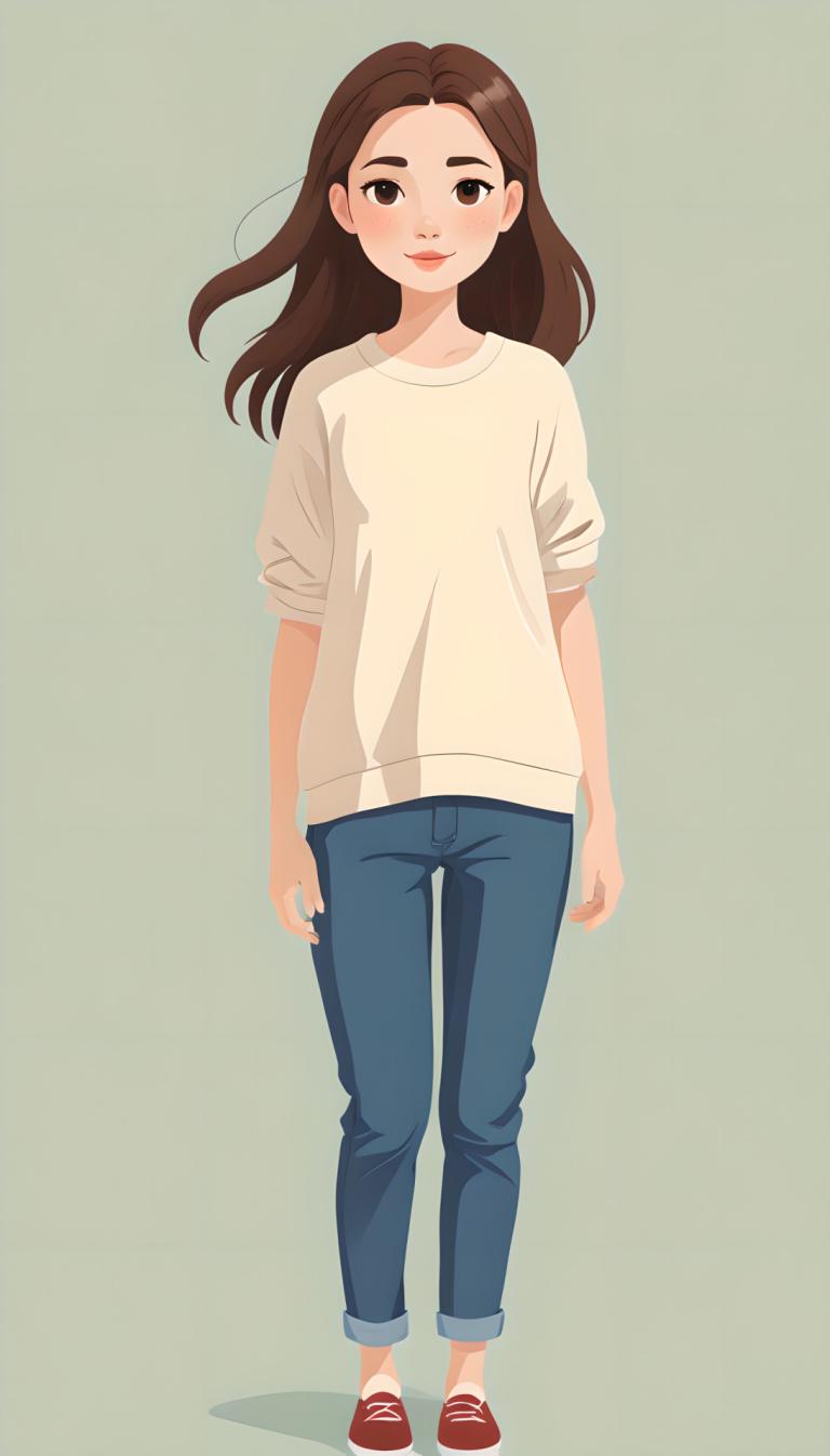 Illustration,Illustration, People, girl, 1girl, solo, brown hair, pants, brown eyes, long hair, full body