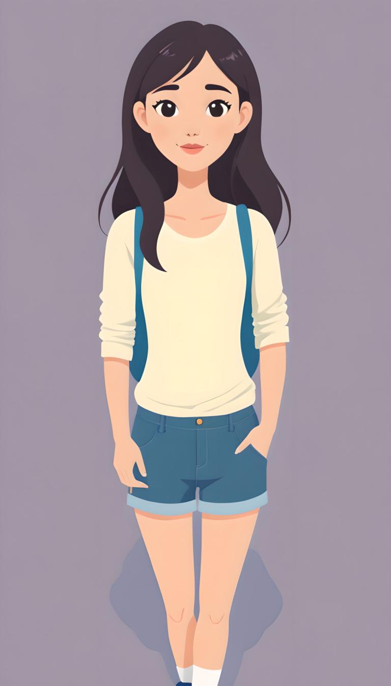 Illustration,Illustration, People, girl, 1girl, solo, shorts, shirt, long hair, looking at viewer, black hair