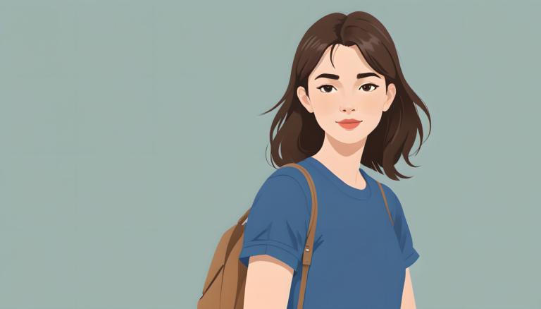 Illustration,Illustration, People, girl, 1girl, solo, shirt, brown hair, blue shirt, simple background, bag