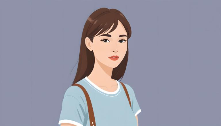 Illustration,Illustration, People, girl, 1girl, solo, brown hair, shirt, simple background, blue shirt