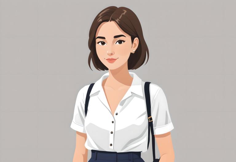 Illustration,Illustration, People, girl, 1girl, solo, brown hair, shirt, white shirt, grey background