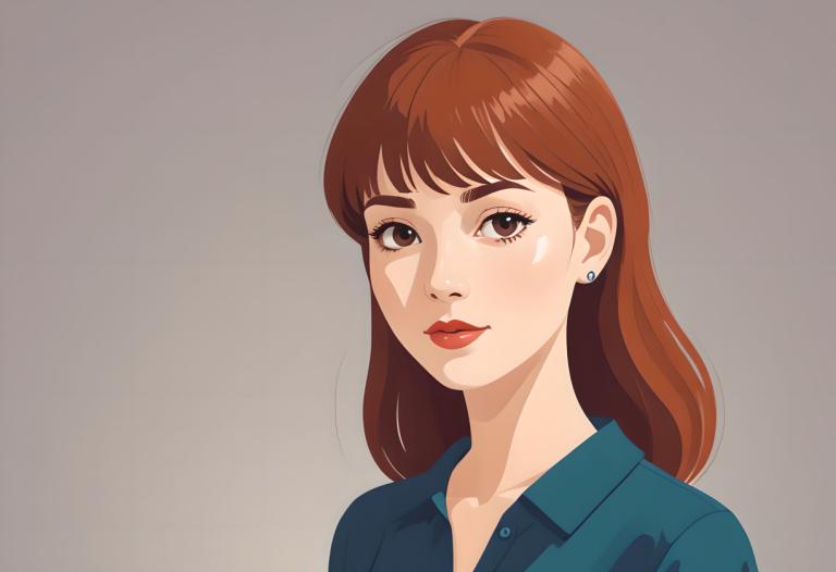 Háttér eltávolítása, Illustration, People, girl, 1girl, solo, brown hair, brown eyes, earrings, jewelry, shirt, simple background, looking at viewer, grey background, blue shirt, collared shirt, long hair, makeup, red lips, portrait, bangs, closed mouth, stud earrings, lipstick, lips