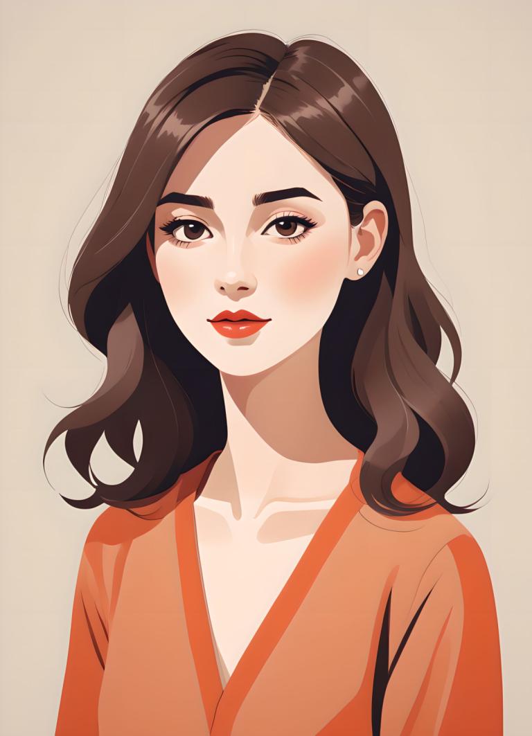 Illustration,Illustration, People, girl, 1girl, solo, brown hair, brown eyes, earrings, jewelry, red lips