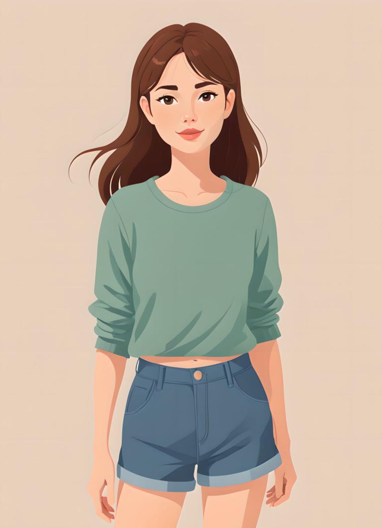 Remove Background, Illustration, People, girl, 1girl, solo, brown hair, shorts, brown eyes, shirt, looking at viewer, long hair, simple background, cowboy shot, green shirt, blue shorts, arms at sides, midriff peek, smile, denim, standing, lips, brown background