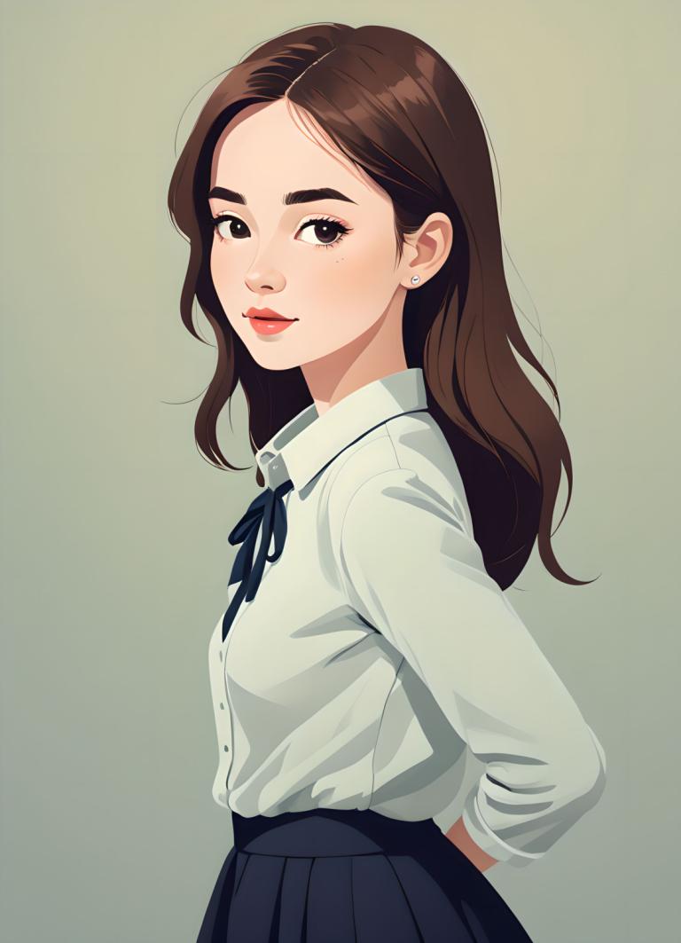 Illustration,Illustration, People, girl, 1girl, solo, brown hair, long hair, skirt, looking at viewer, shirt