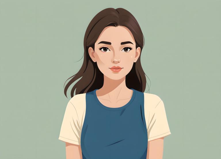 Háttér eltávolítása, Illustration, People, girl, 1girl, solo, brown hair, looking at viewer, shirt, simple background, brown eyes, upper body, green background, lips, short sleeves, long hair, blue shirt, smile, white shirt