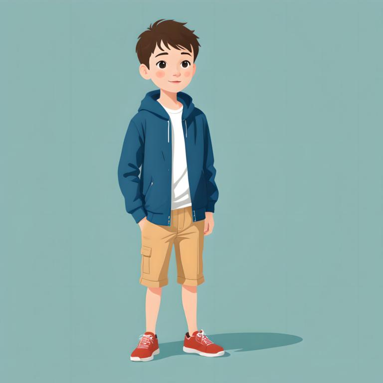 Illustration,Illustration, People, boy, 1boy, male focus, brown hair, solo, shorts, shoes, hood