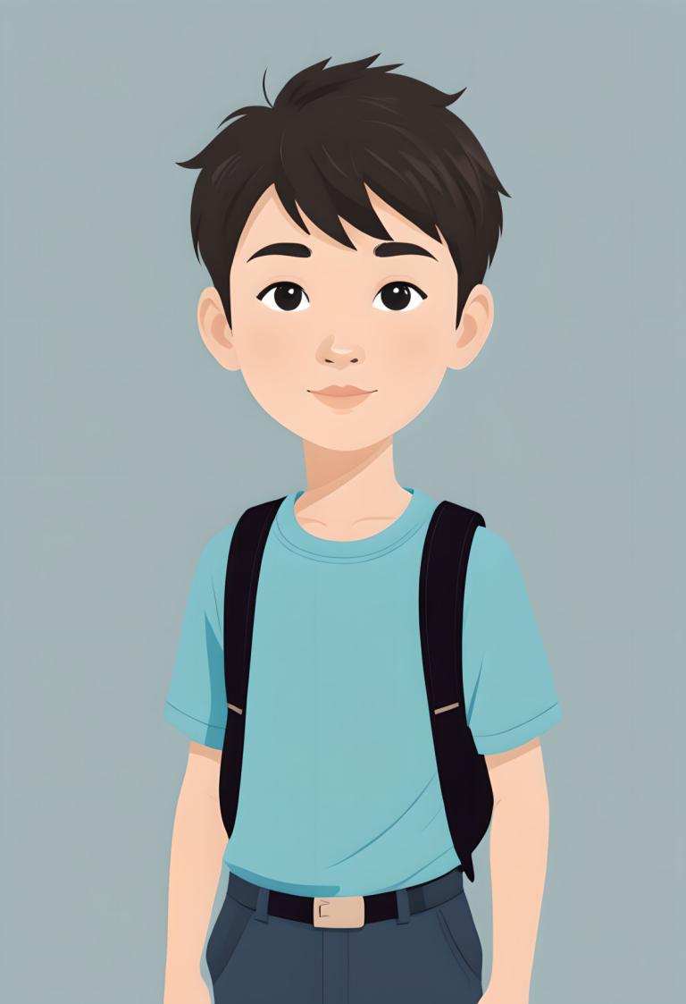 イラスト,イラスト, 人物, 少年, 男の子1名, ソロ, 男性の焦点, シャツ, バックパック, シンプルな背景, 視聴者を見ている, バッグ, ベルト, 青いシャツ, パンツ, 黒髪, 黒目, 茶色の目, 半袖