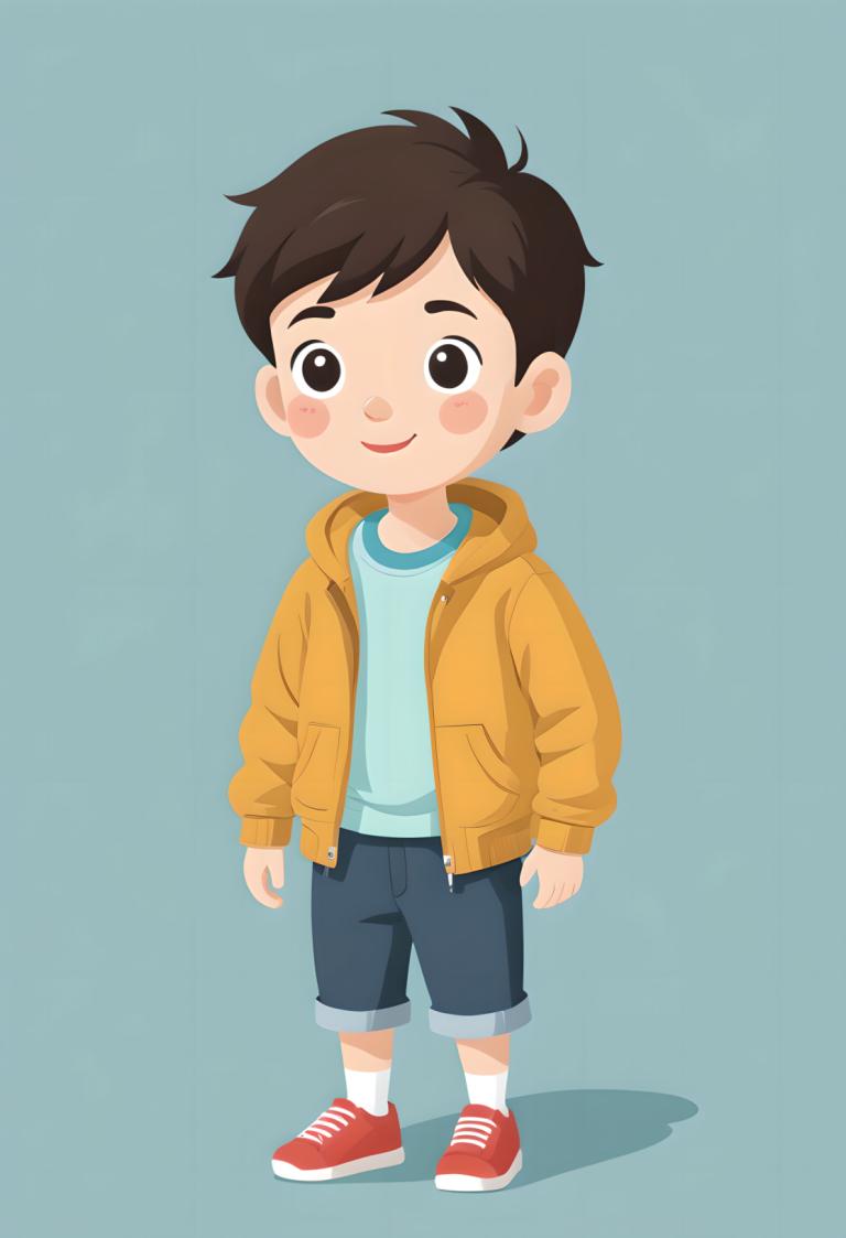 イラスト,イラスト, 人物, 少年, 男の子1名, 男性の焦点, ソロ, 赤い靴, 茶髪, 笑顔, ショートパンツ, ジャケット, 男の子供, 靴, シャツ, シンプルな背景, 赤面ステッカー, フード, 全身