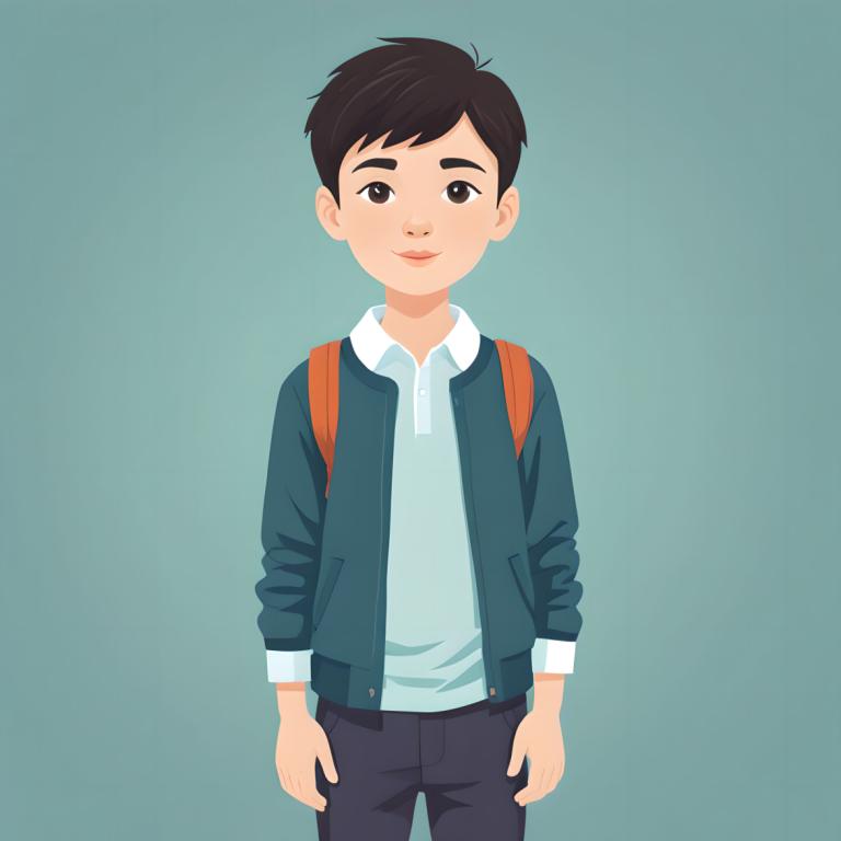 イラスト,イラスト, 人物, 少年, 男の子1名, ソロ, 男性の焦点, 視聴者を見ている, 黒髪, シンプルな背景, 笑顔, シャツ, バックパック, 茶色の目, パンツ, ジャケット, カウボーイショット, バッグ