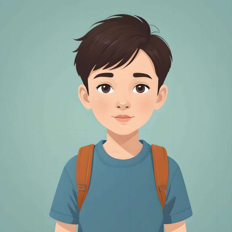 Illustration,Illustration, People, boy, solo, 1boy, male focus, shirt, backpack, brown eyes, blue shirt