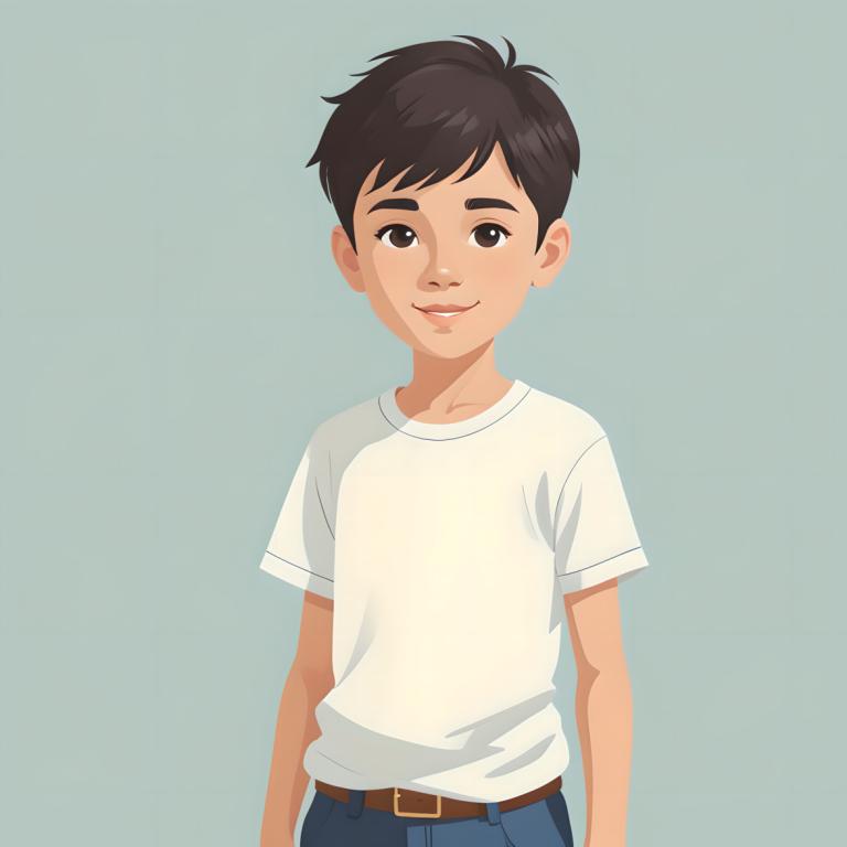 Illustration,Illustration, People, boy, 1boy, solo, male focus, shirt, belt, smile, brown eyes, black hair