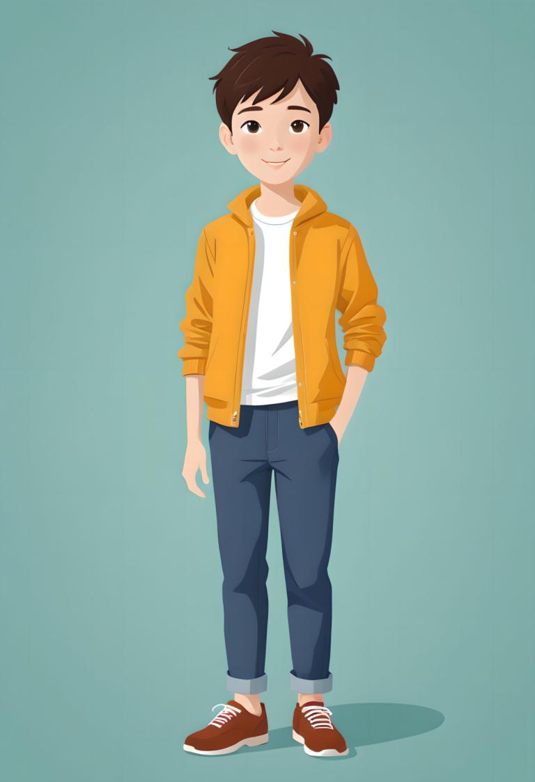 Illustration,Illustration, People, boy, 1boy, solo, male focus, pants, smile, shirt, shoes, hand in pocket