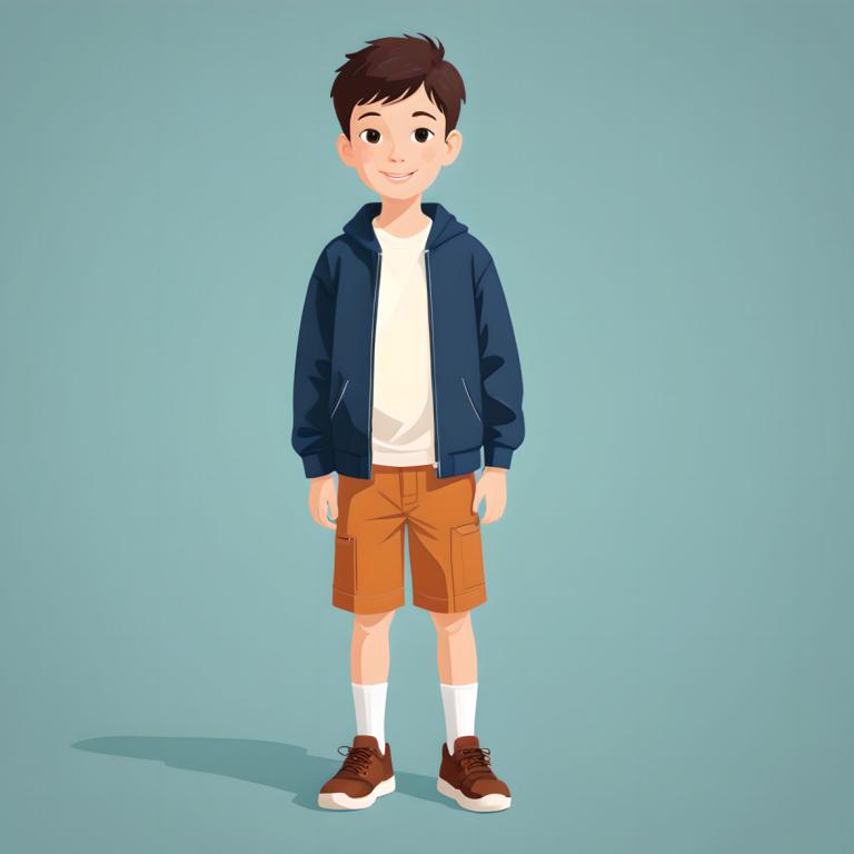 Illustration,Illustration, People, boy, 1boy, solo, male focus, shorts, brown hair, shoes, shirt, full body