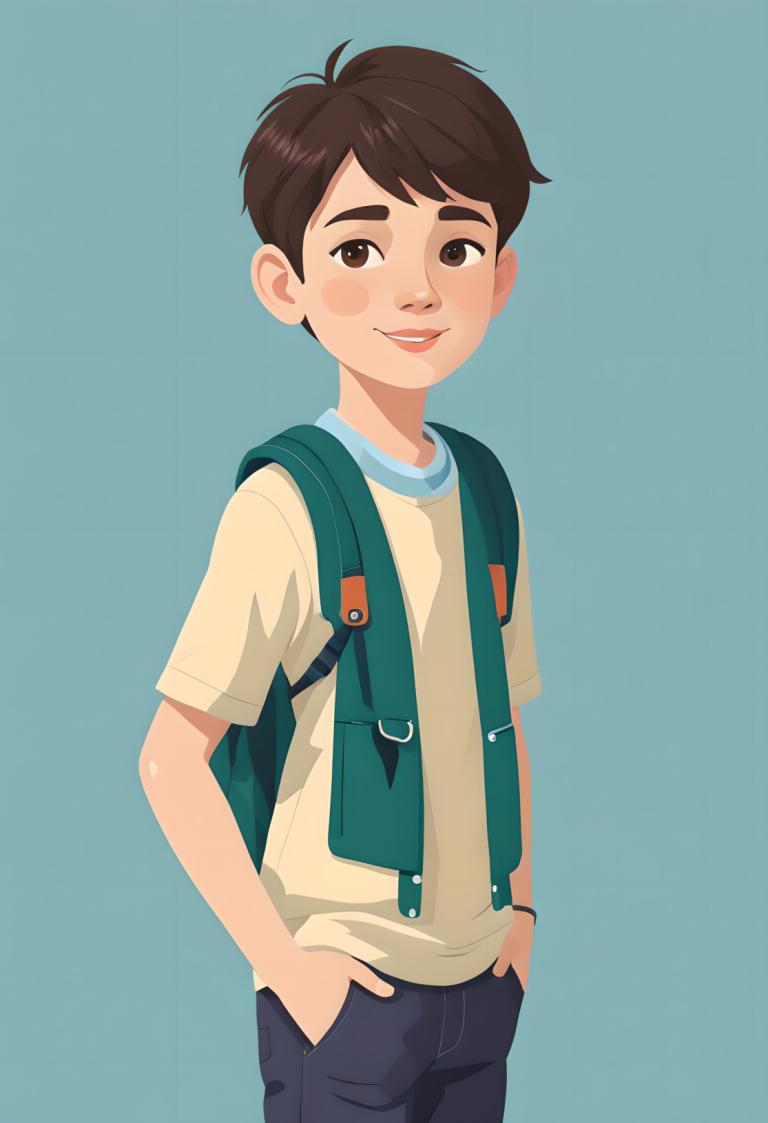 Illustration,Illustration, People, boy, 1boy, male focus, solo, backpack, brown eyes, brown hair, smile