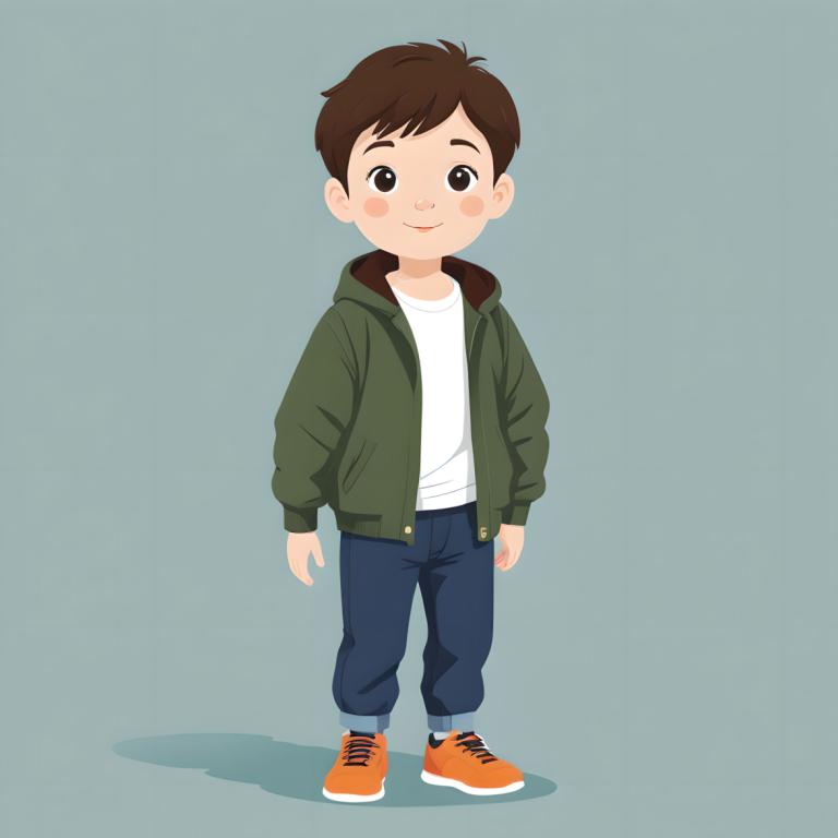 Remove Background, Illustration, People, boy, 1boy, solo, male focus, brown hair, pants, shoes, jacket, brown eyes, smile, simple background, shirt, green jacket, blush stickers, looking at viewer, full body, standing, hood, white shirt, male child, sneakers, jeans, denim