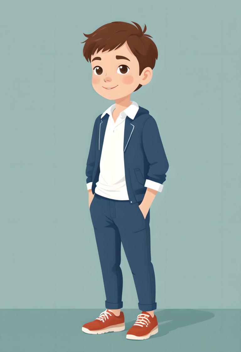 Illustration,Illustration, People, boy, 1boy, male focus, brown hair, brown eyes, hands in pockets, smile