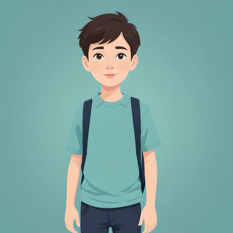 イラスト,イラスト, 人物, 少年, ソロ, シャツ, 視聴者を見ている, 男の子1名, 茶髪, 青いシャツ, 男性の焦点, バックパック, パンツ, カウボーイショット, 半袖, シンプルな背景, バッグ, 笑顔