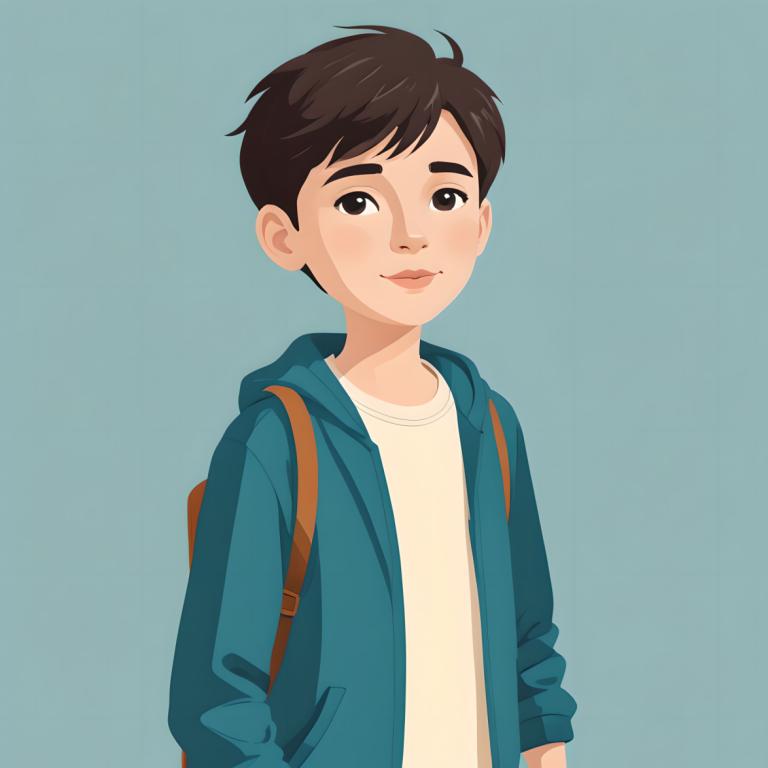 Illustration,Illustration, People, boy, solo, 1boy, male focus, backpack, bag, brown hair, simple background